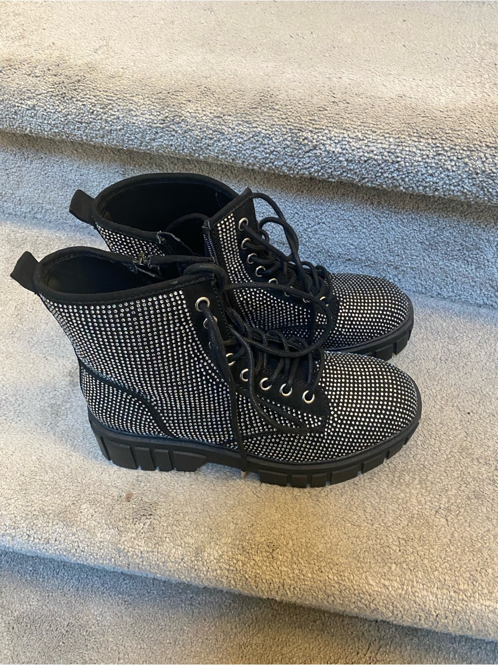 Steve Madden Black Rhinestone Lace-Up Boots